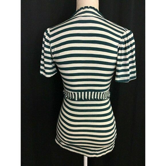 Bcbg maxazria Womens Teal Blue Green White striped Short Sleeve V Neck Top Xxs - Picture 4 of 7